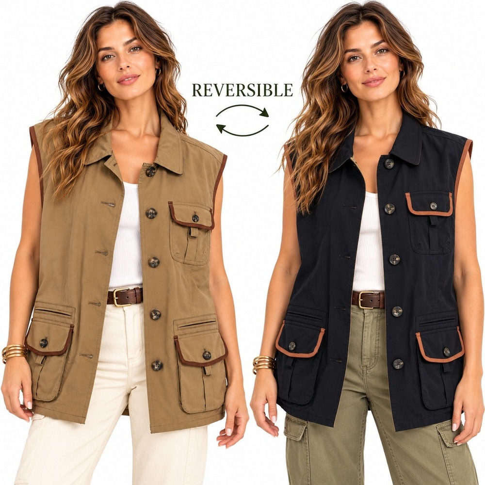 Lauren Ralph Lauren Reversible Vest 2X Utility Leather Trim Safari Equestrian